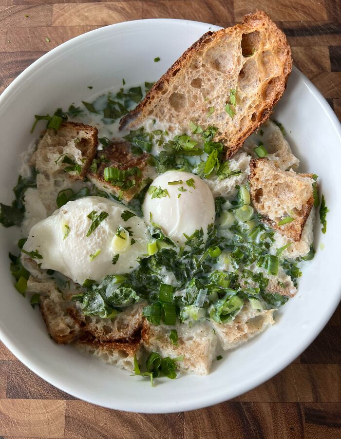 Breakfast This Morning Is Colombian Changua Bogotana. Milk, Bread, Eggs, Scallions And Cilantro. Super Simple Soup To Use Up Odds And Ends In The Fridge