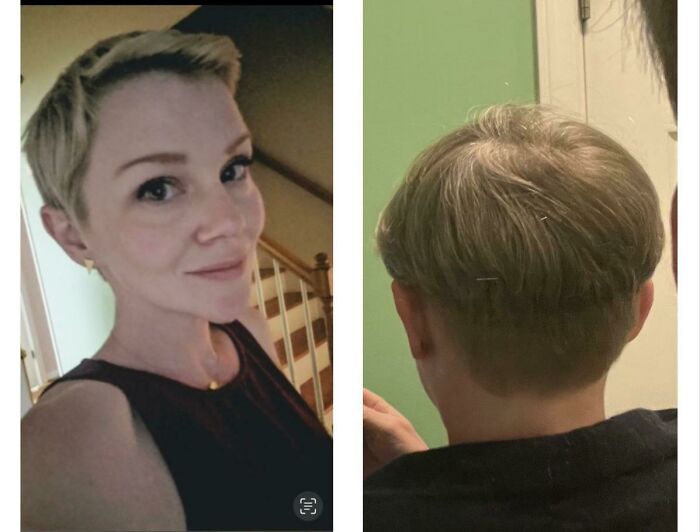 A Hairdresser Approached Me At The Bar And Said She Could Cut My Pixie Better Than It Was. I Went To Her. She Gave Me A Bowl Cut. Before On Left, Bowl Cut On Right