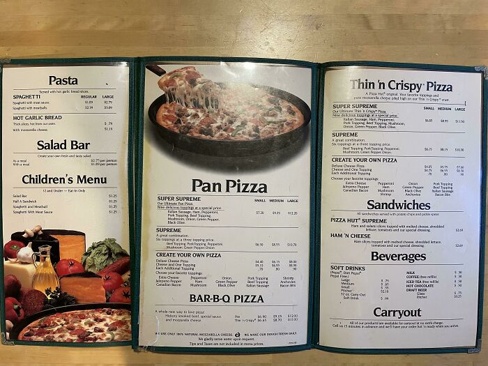 Pizza Hut Menu From 1984