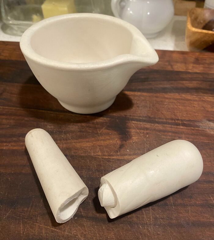 My Boyfriend And His Buddy Somehow Snapped A Solid Ceramic Pestle In Half. Both Claims To Have No Idea How It Happened