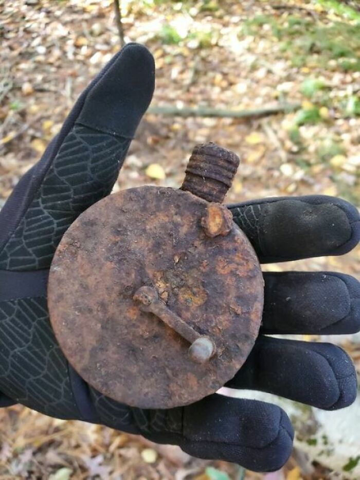 Round Metal Object With No Opening On Top, The Lever Turned At One Point, Any Guesses To What This Could Be?