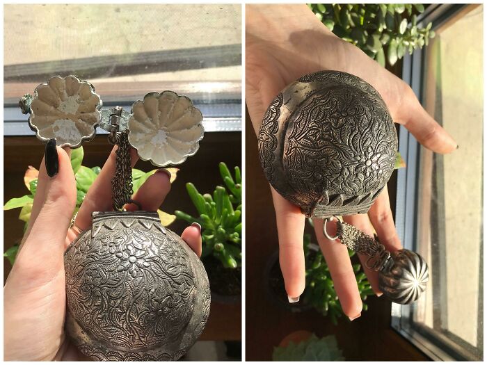 Found In Fathers Antique Collection, Neither Of Us Know What It Is. Think It’s Made Of Silver, Very Very Heavy, Both Parts Open Up And In The Smaller One It’s Some Kind Of Old Residue (Too Scared To Touch It, Maybe It’s Poisonous??)