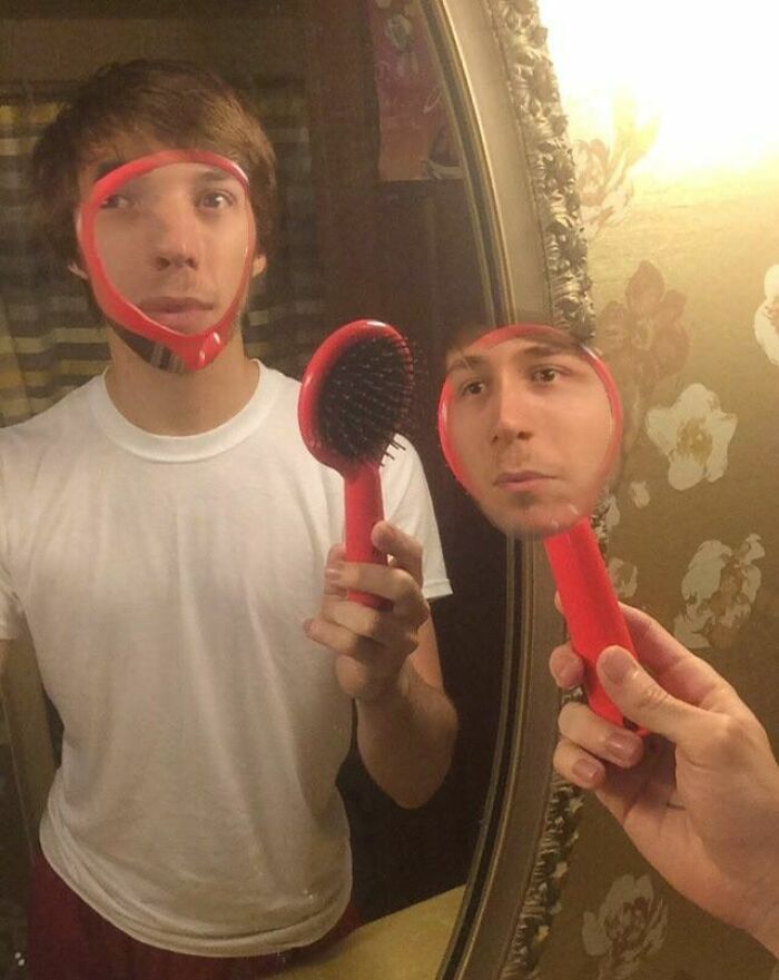 Funny face swap picture with a comb