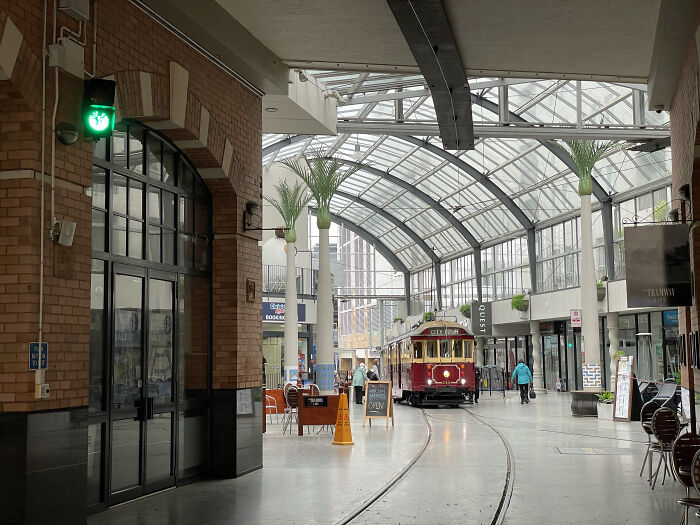 In Christchurch, NZ, The Tram Runs Through The Shopping Plaza