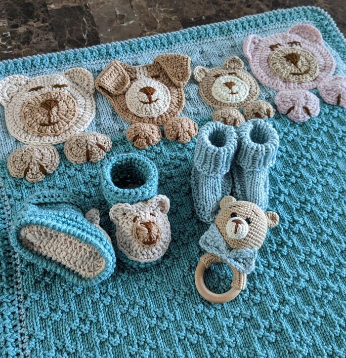 My Mom Knit Some Things For My Unborn Son, Including A Blanket With Mama, Papa, Baby, And Dog. I Love That She Included My Dog Son