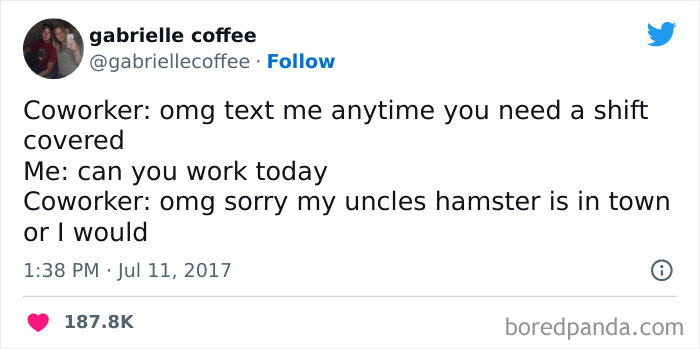 Retail meme about a coworker offering to cover shifts but giving a humorous excuse when asked.