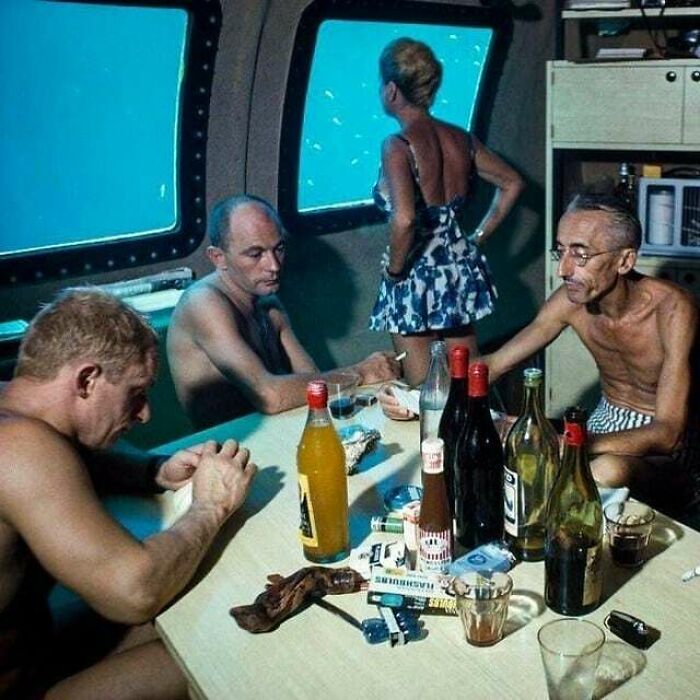 Jacques Cousteau And His Crew Relax In A Submersible After Work During The Conshelf Two Expedition, 1963
