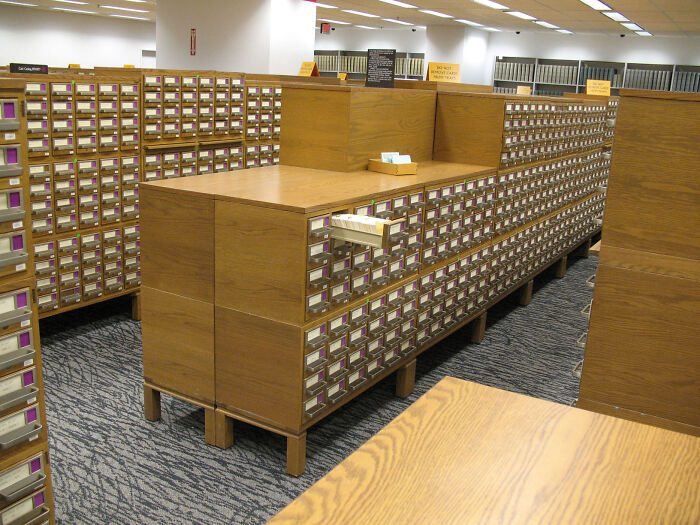 Library card catalog cabinets, a system older generations might understand.