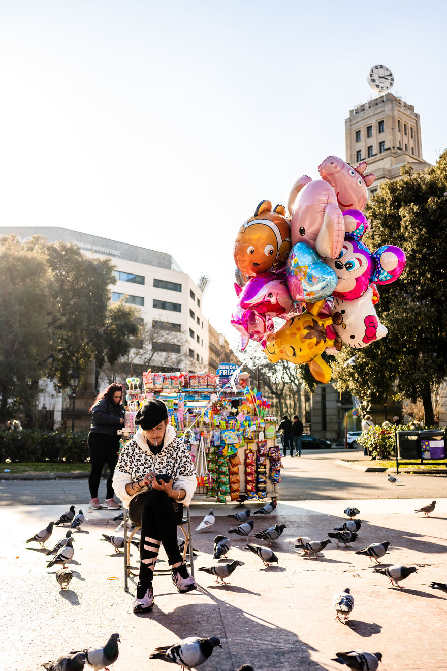 Pigeon Lady Selling Balloons