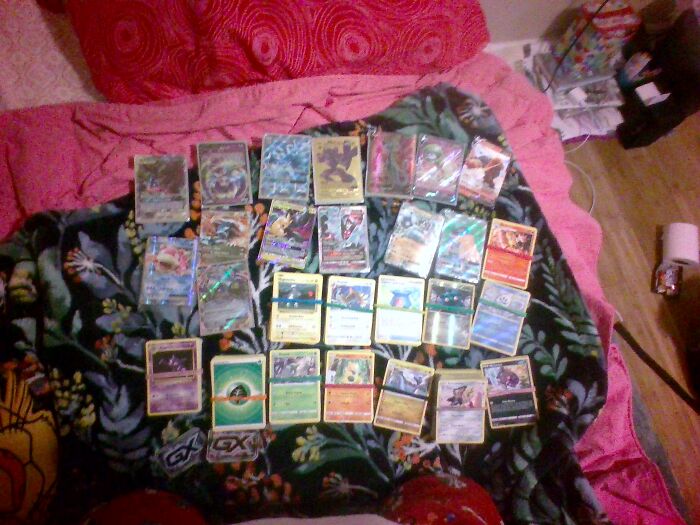 Bad Quality Alert!!! My Third Submission, All Of My Pokemon Cards, (The Ones With Hair Ties Around Them Are Stacks Of That Type, Water, Fire Rock, Etc) Pretty Sure I Got A First Edition Metwo In There Somwhere