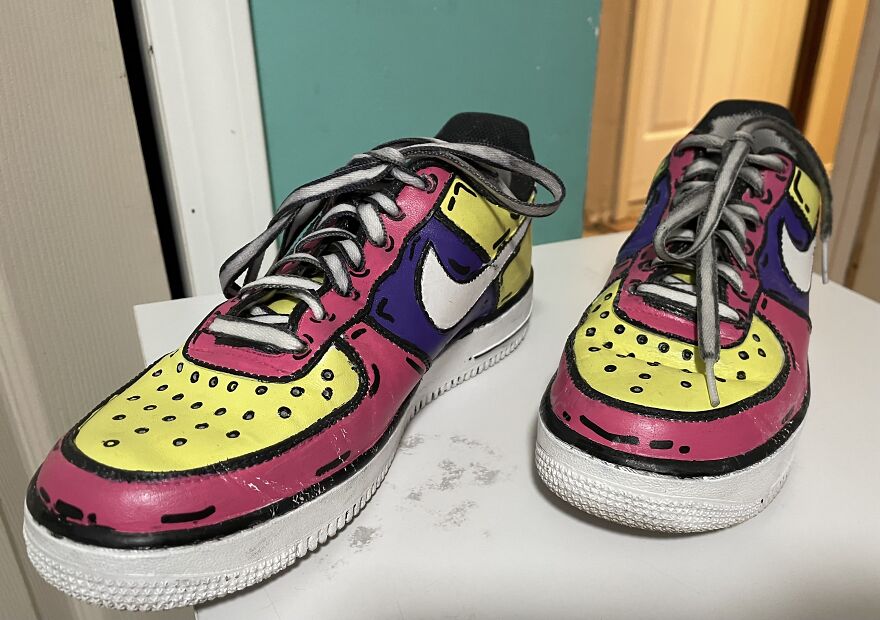 Here Are The First Shoes I Painted To Look Like Cartoons! (Please Ignore The Scratched Paint, I Didn’t Seal It Properly)