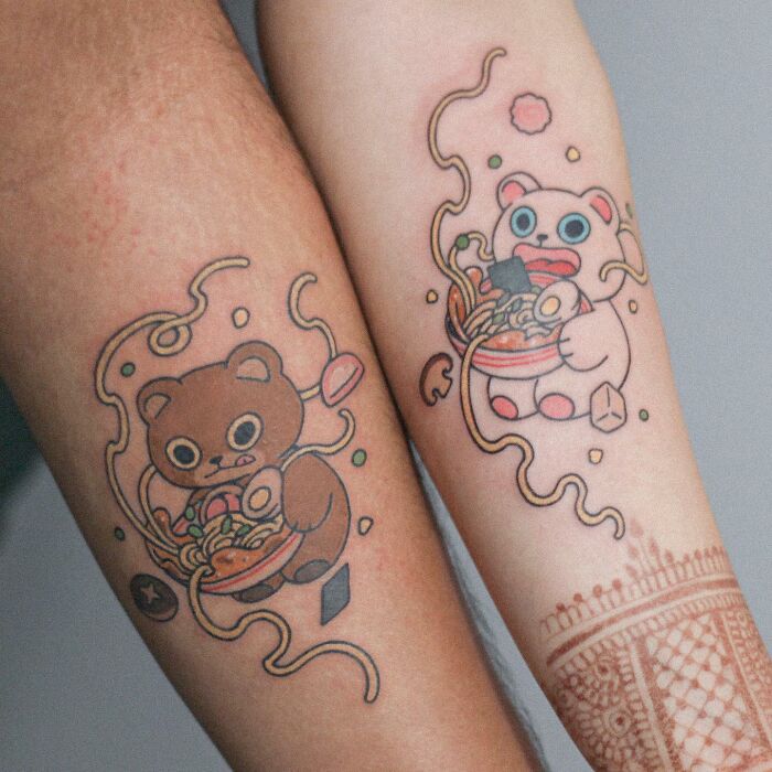 Adorable animal-themed tattoos featuring cute bears with ramen bowls on forearms.