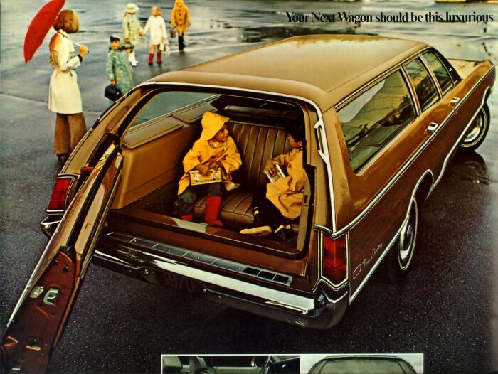 Vintage car ad with kids in the back seat of a station wagon; older generations might find it amusing.