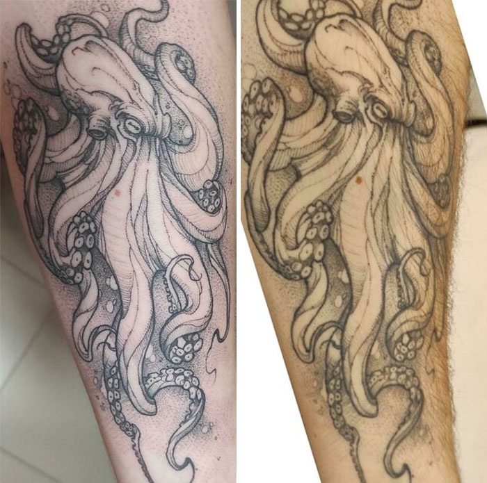 Fresh Vs. 10 Months Later. My First And Only Tattoo For Now