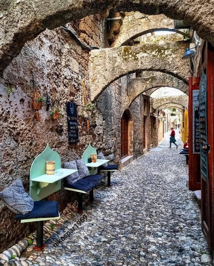 The Medieval Alley In Rhodes Is A Narrow Street Located In The Old Town Of Rhodes, A Unesco World Heritage Site In Greece