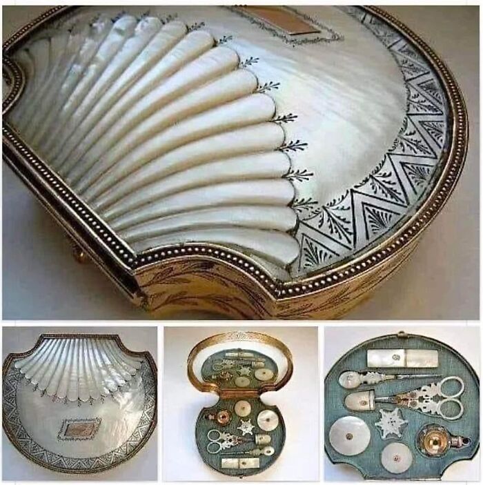 Carved Shell And Engraved Gilt Sewing Kit Lined With Blue Silk, Made In Paris, C. 1815-1820