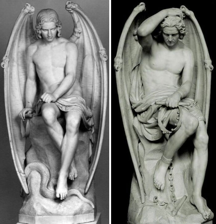 En 1842, Joseph Geefs esculpió el Ángel del Mal (estatua de la izquierda) para colocarlo en el púlpito de la catedral de Lieja, pero la estatua fue retirada por su atractivo y su "belleza malsana"