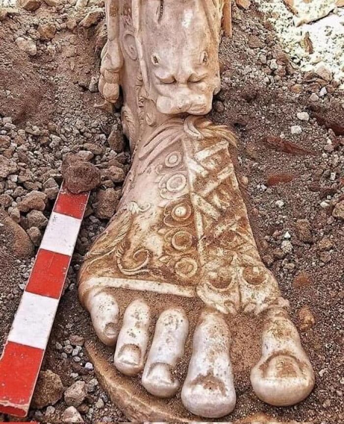 Foot Of A Marble Sculpture Of Marcus Aurelius Unearthed In Southern Turkey. Emperor Aurelius Was Not Only A Military Leader But Also A Scholar Known For His Intellectual Pursuits