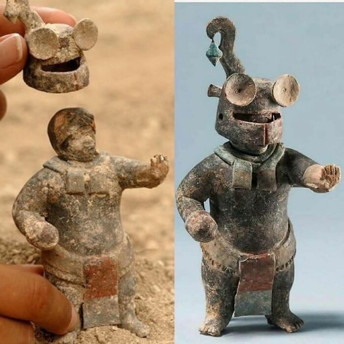 1,500-Year-Old Ceramic Maya Figurine With Removable Helmet, From El Perú-Waka', Petén, Guatemala