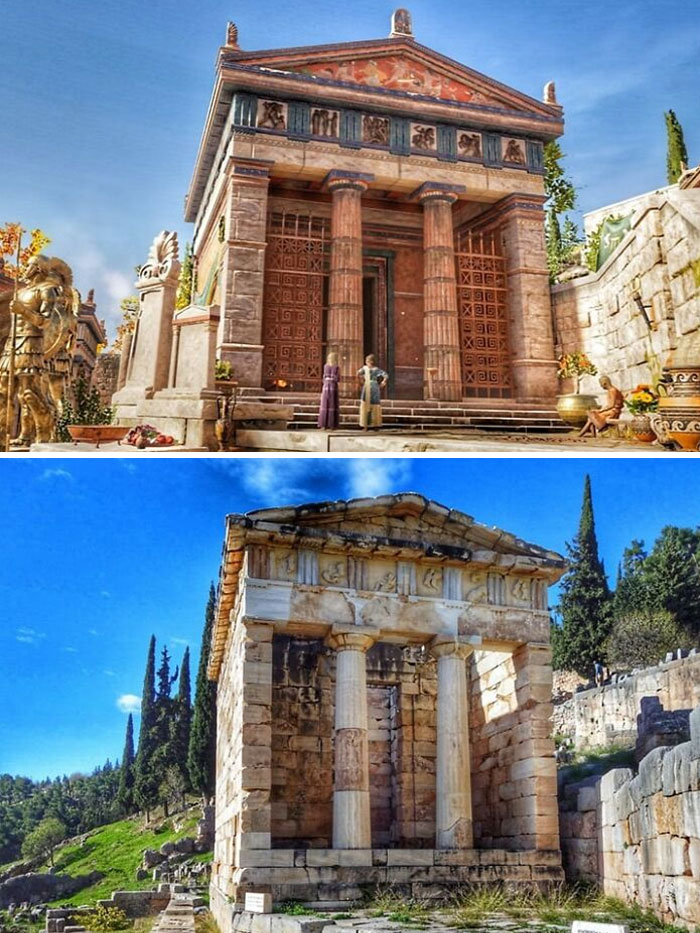 The Athenian Treasury At Delphi, Greece Ca. 5th Century Bc "Then And Now" With Only Light Color Additions. Wikimedia Cc-By-Sa-1.0