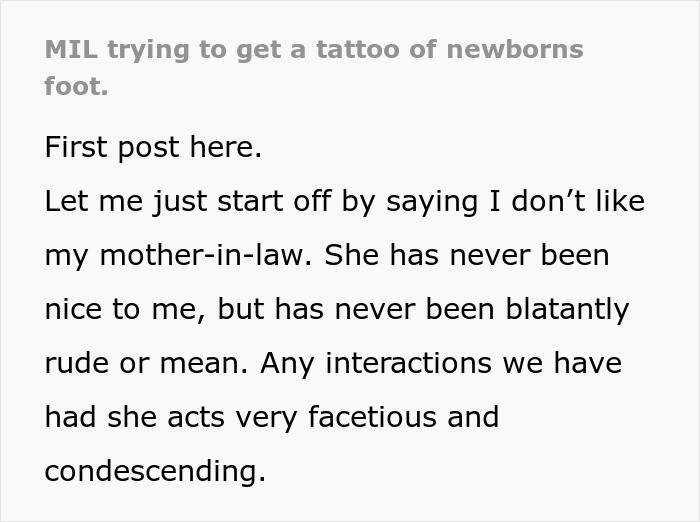 Text post discussing MIL wanting tattoo of grandkid's footprint, sparking a new mom's concerns. Text post discussing MIL wanting tattoo of grandkid's footprint, sparking a new mom's concerns.