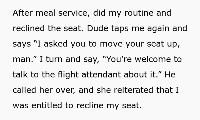 “She Reiterated That I Was Entitled To Recline My Seat”: Guy Asks For Flight Attendant’s Backup After Being Criticized By The Passenger Behind Him