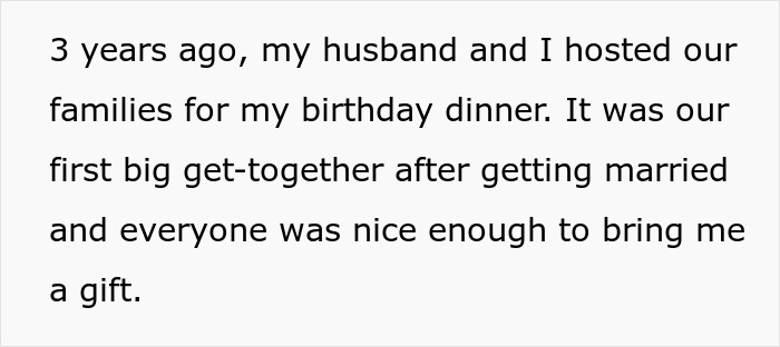 Text about a birthday dinner where families brought gifts, relating to a $500 gift incident.