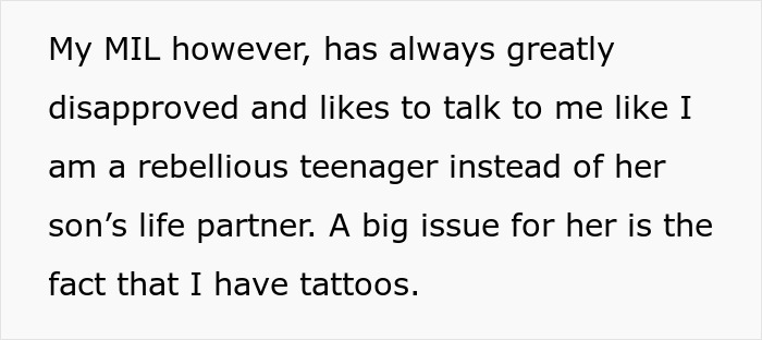 Text describing a MIL's disapproval over a family member having tattoos.