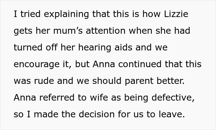 Man Leaves Dinner After His Future SIL Calls His Deaf Wife Defective And His 3 Y.O. Daughter Impolite For “Banging On The Table” Man Leaves Dinner After His Future SIL Calls His Deaf Wife Defective And His 3 Y.O. Daughter Impolite For “Banging On The Table”