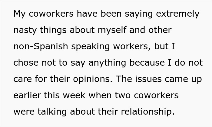 Workplace Drama Arises After Mexican Workers Mistakenly Assume Their New Coworker Doesn't Understand Spanish, Start Badmouthing Her Workplace Drama Arises After Mexican Workers Mistakenly Assume Their New Coworker Doesn't Understand Spanish, Start Badmouthing Her