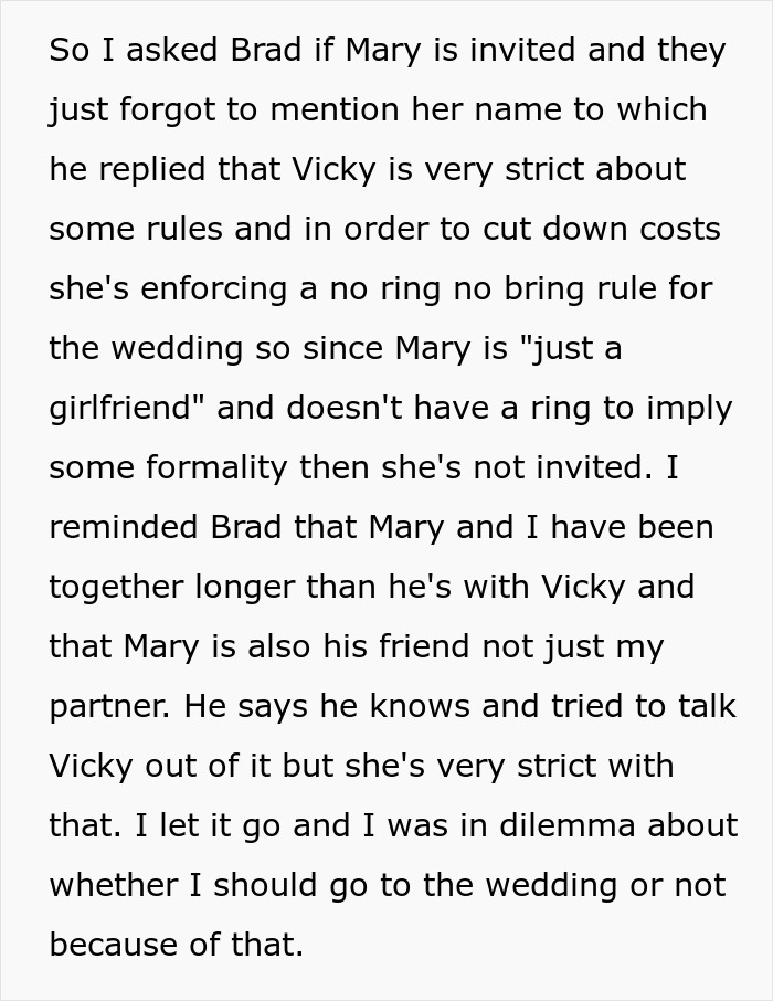 Man Rebels Against Friend's "No Ring No Bring" Wedding Rule After His Girlfriend Of 6 Years Isn't Invited Man Rebels Against Friend's "No Ring No Bring" Wedding Rule After His Girlfriend Of 6 Years Isn't Invited