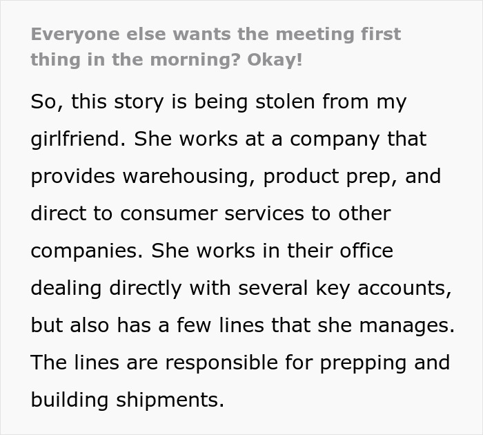 New Director Hosts A Meeting At 8 AM, Despite The Line Manager's Warnings Regarding The Process, Causing Production To Stall New Director Hosts A Meeting At 8 AM, Despite The Line Manager's Warnings Regarding The Process, Causing Production To Stall