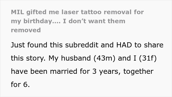 Text about rude $500 gift discussing unwanted laser tattoo removal from MIL.