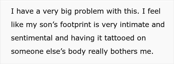 Text discussing new mom's concerns about MIL wanting a grandkid's footprint tattoo. Text discussing new mom's concerns about MIL wanting a grandkid's footprint tattoo.
