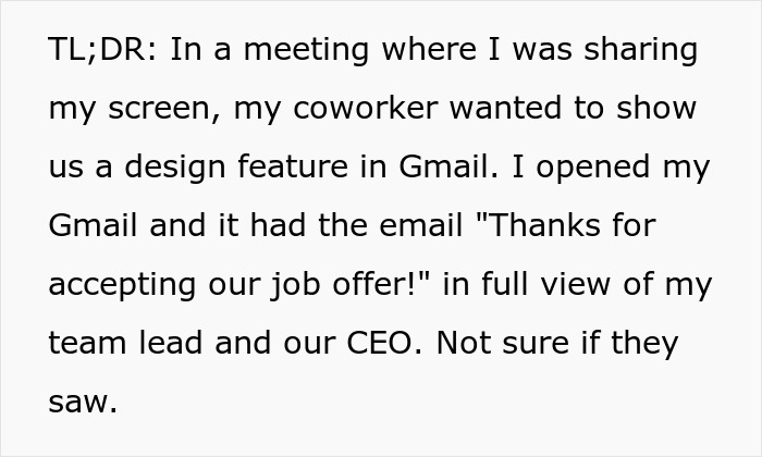 Woman Opens Up About Accidentally Showing Her Newly Accepted Job Offer To CEO Before She Gave Her Notice Woman Opens Up About Accidentally Showing Her Newly Accepted Job Offer To CEO Before She Gave Her Notice