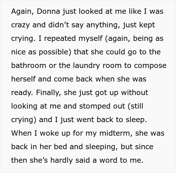 Woman Quits Helping When Roommate Won’t Calm Down For 1.5 Hours And Asks Her To Leave The Room, Results In The Silent Treatment Woman Quits Helping When Roommate Won’t Calm Down For 1.5 Hours And Asks Her To Leave The Room, Results In The Silent Treatment