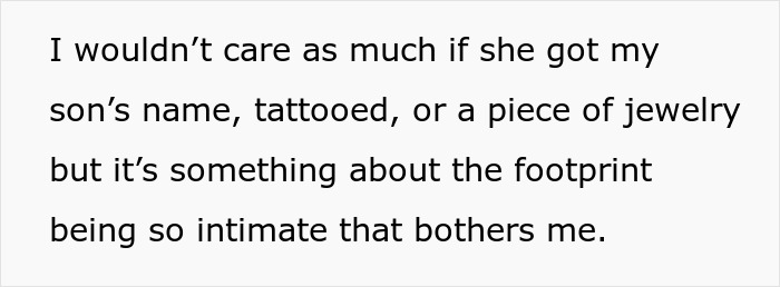 Text discussing a new mom's concerns about her MIL wanting a tattoo of grandkid's footprint. Text discussing a new mom's concerns about her MIL wanting a tattoo of grandkid's footprint.