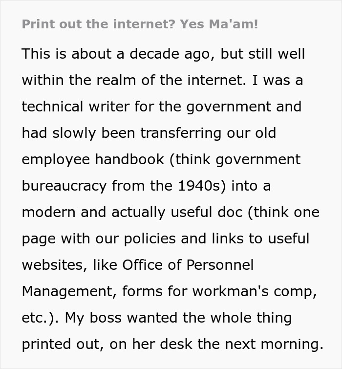 "Print Out The Internet? Yes Ma'am": Employee Shows Boss Just How Stupid Her Request Is By Following It To The Letter "Print Out The Internet? Yes Ma'am": Employee Shows Boss Just How Stupid Her Request Is By Following It To The Letter