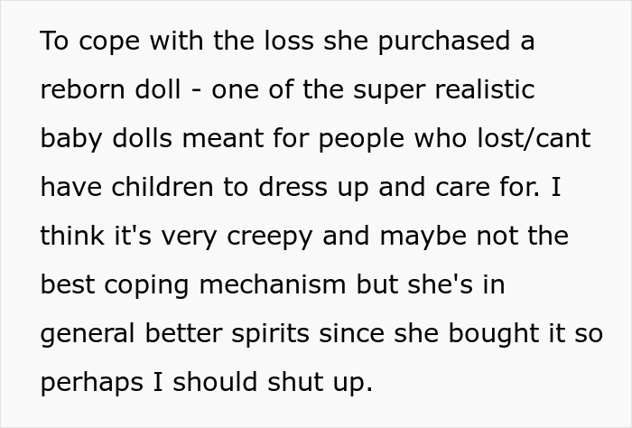 Woman Thinks Her Sister Is Coping With The Loss Of Her Baby In A Creepy And Unhealthy Way, Asks If She Would Be A Jerk To Break It To Her Woman Thinks Her Sister Is Coping With The Loss Of Her Baby In A Creepy And Unhealthy Way, Asks If She Would Be A Jerk To Break It To Her