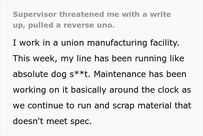 Worker Outsmarts Boss With A “Reverse Uno” After Being Pressured To Increase Productivity On Manufacturing Line Worker Outsmarts Boss With A “Reverse Uno” After Being Pressured To Increase Productivity On Manufacturing Line