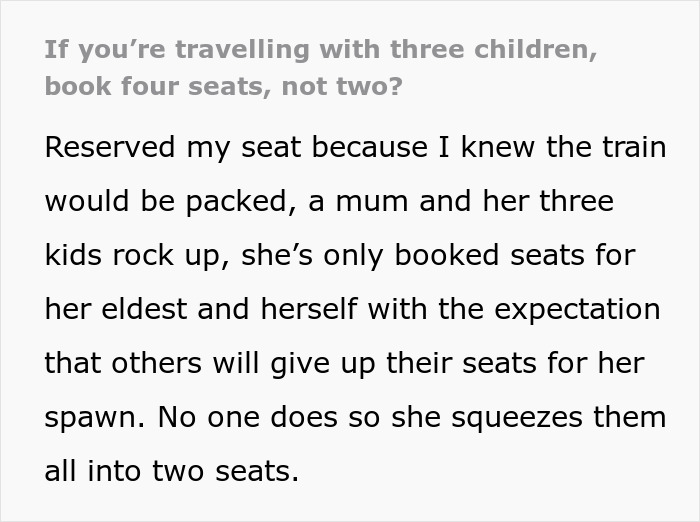 Mom Books Just 2 Train Seats For Herself And Her 3 Kids, Expecting Others To Give Up Theirs, Gets Called Out Online Mom Books Just 2 Train Seats For Herself And Her 3 Kids, Expecting Others To Give Up Theirs, Gets Called Out Online