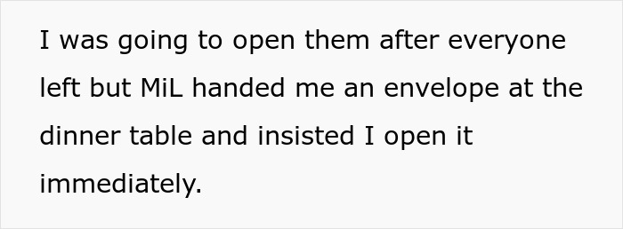 Text describing a MIL handing an envelope to someone at the dinner table.