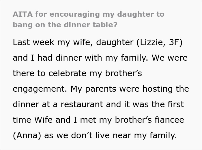 Man Leaves Dinner After His Future SIL Calls His Deaf Wife Defective And His 3 Y.O. Daughter Impolite For “Banging On The Table” Man Leaves Dinner After His Future SIL Calls His Deaf Wife Defective And His 3 Y.O. Daughter Impolite For “Banging On The Table”