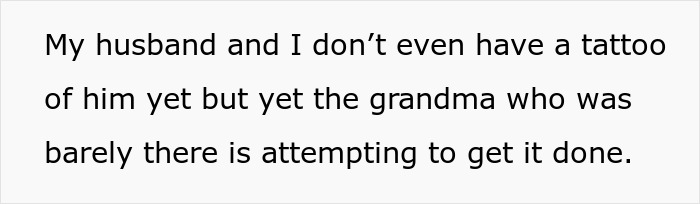 Text image discussing a MIL wanting a tattoo of grandkid's footprint while parents don't have one yet. Text image discussing a MIL wanting a tattoo of grandkid's footprint while parents don't have one yet.