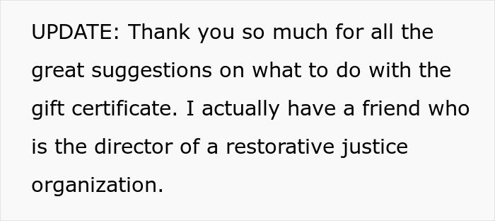 Text update about a $500 gift certificate being given to a restorative justice organization director.