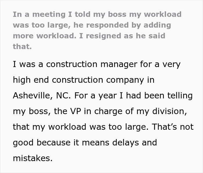 "In A Meeting, I Told My Boss My Workload Was Too Large, He Responded By Adding More Workload, I Resigned As He Said That"
