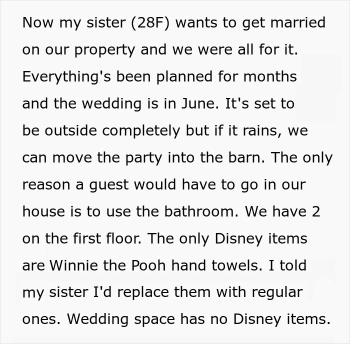 'Disney Adult' Refuses To Meet Sister's 'Ridiculous' Demand For The Wedding She's Throwing At Her House For Free