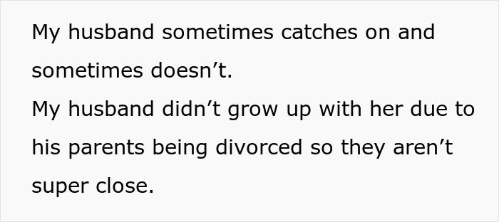 Text discussing a husband's relationship with his divorced parents. Text discussing a husband's relationship with his divorced parents.