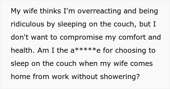 Husband Sleeps On The Couch Because His Gynecologist Wife Won’t Shower Before Bed, Asks The Internet If He’s A Jerk