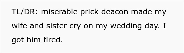 “In Fact, I Took Three Trips To That Church”: Guy Comes Back After Honeymoon, Gets Deacon Fired For Making His Wife And Sister Cry On His Wedding Day “In Fact, I Took Three Trips To That Church”: Guy Comes Back After Honeymoon, Gets Deacon Fired For Making His Wife And Sister Cry On His Wedding Day